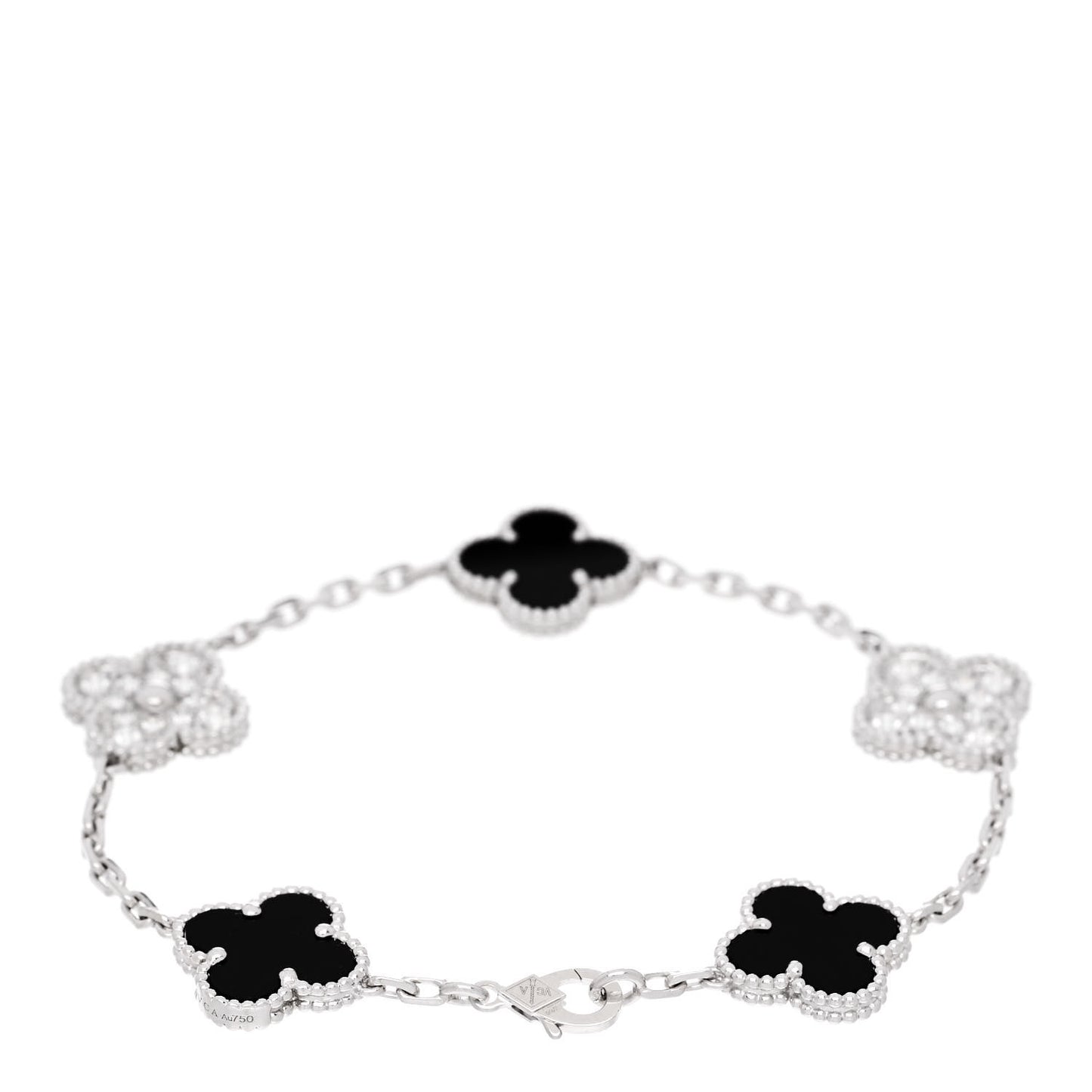 18K White Gold Diamond Black Onyx 5 Motifs Vintage Alhambra Bracelet