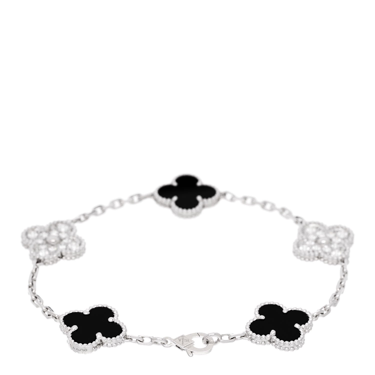Van Cleef & Arpels 18K White Gold Diamond Black Onyx 5 Motifs Vintage Alhambra Bracelet 2 of 4