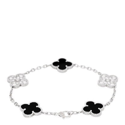 Van Cleef & Arpels 18K White Gold Diamond Black Onyx 5 Motifs Vintage Alhambra Bracelet 2 of 4