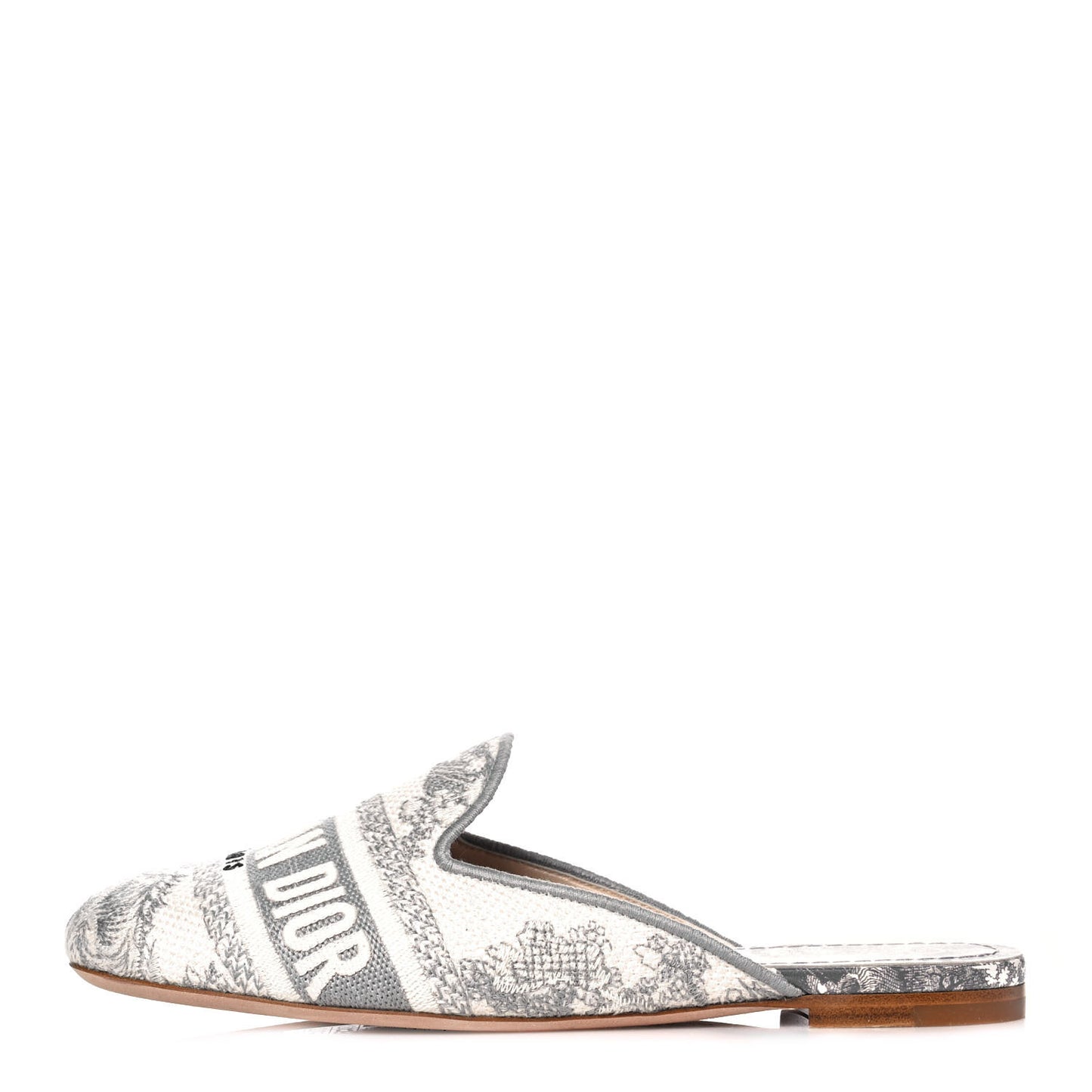 Canvas Embroidered Toile De Jouy Off Flat Mules 35.5 Grey Stone