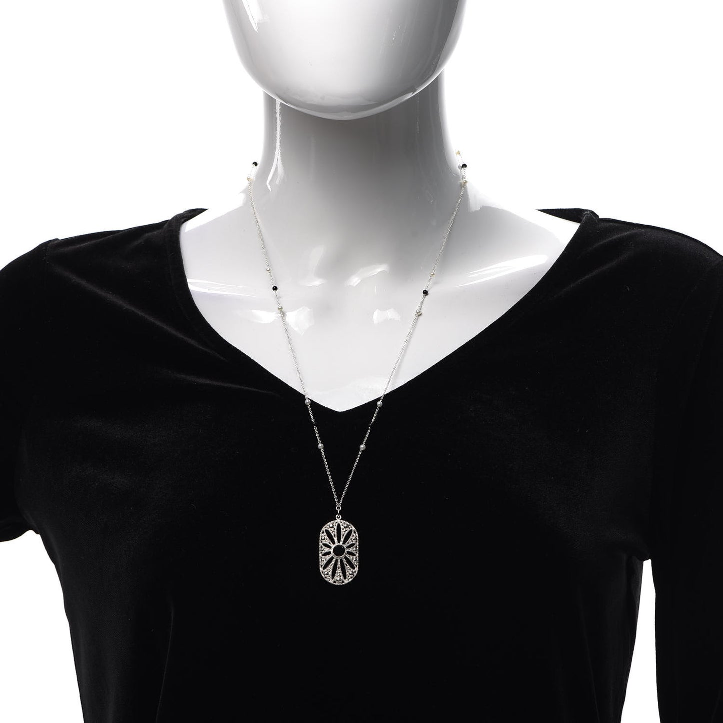 Sterling Silver Black Onyx Pearl Ziegfeld Daisy Pendant Necklace