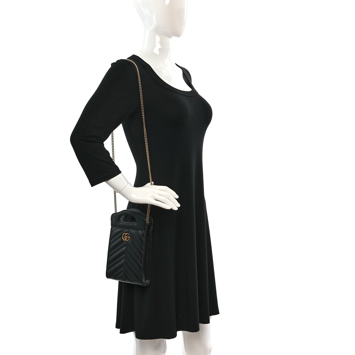 Gucci Calfskin Matelasse Mini GG Marmont Top Slip Handle Crossbody Bag Black 2 of 9