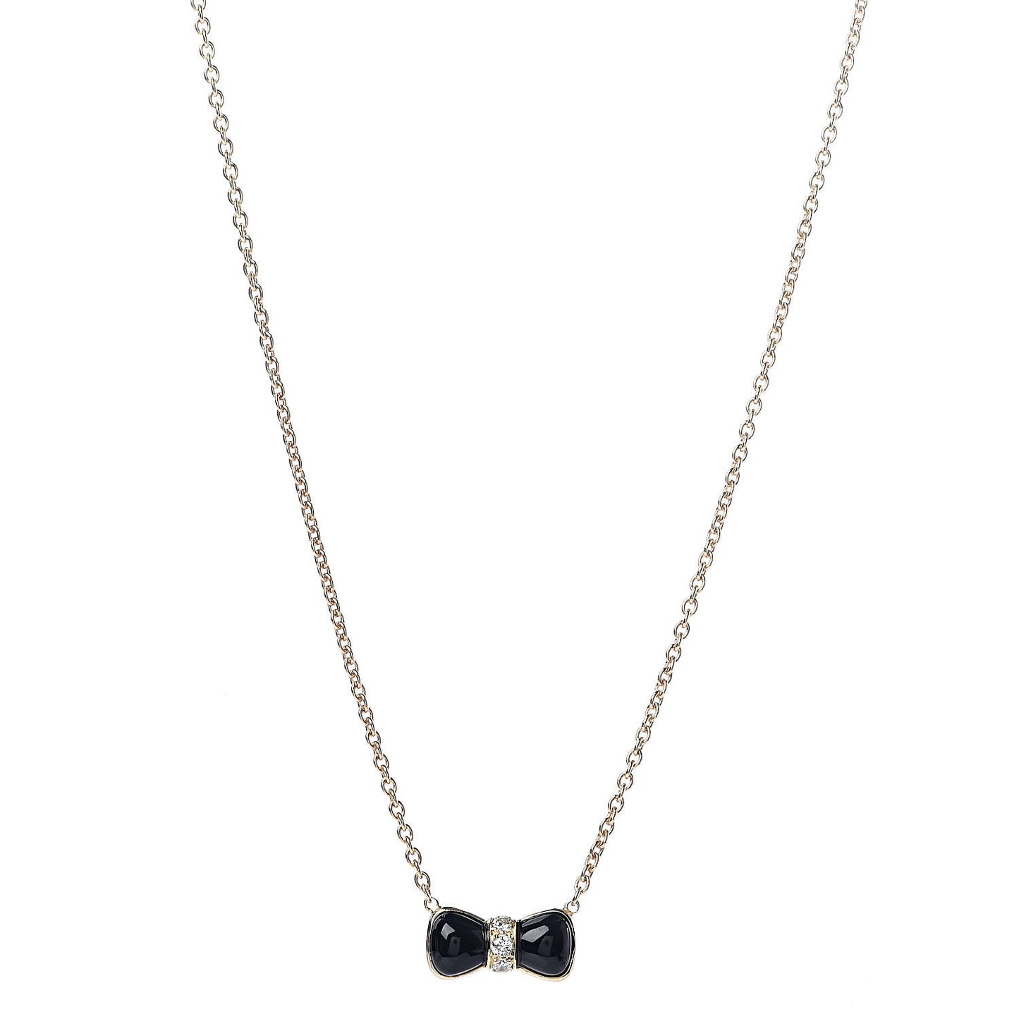 18K Yellow Gold Diamond Black Onyx Bow Pendant Necklace