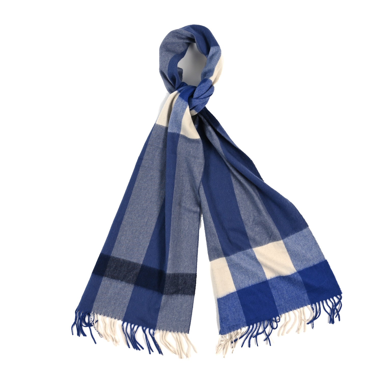 Burberry Cashmere Mega Check Fringe Scarf Blue 1 of 4