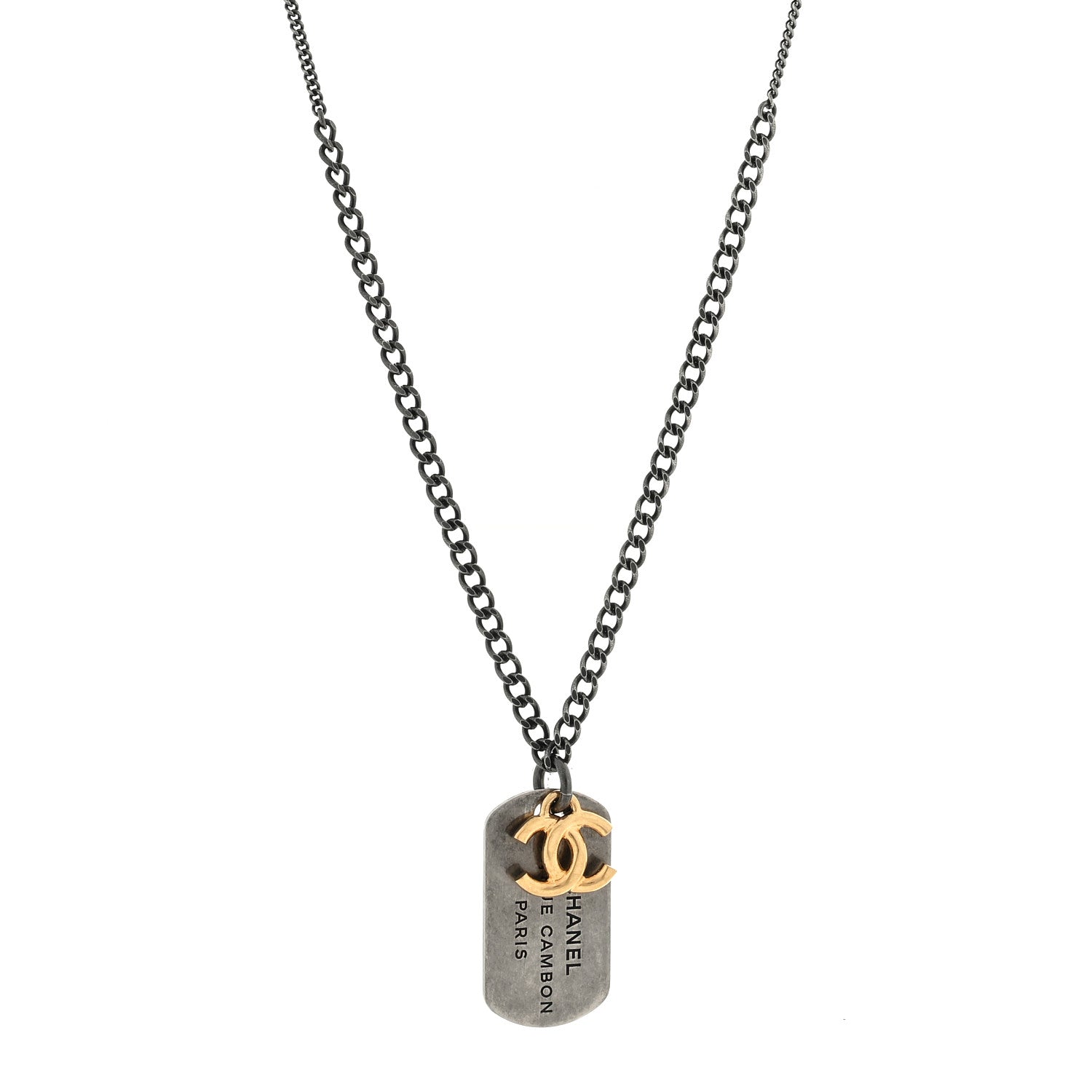 Chanel Ruthenium ID Dog Tag Charm Necklace Silver Gold 1 of 4