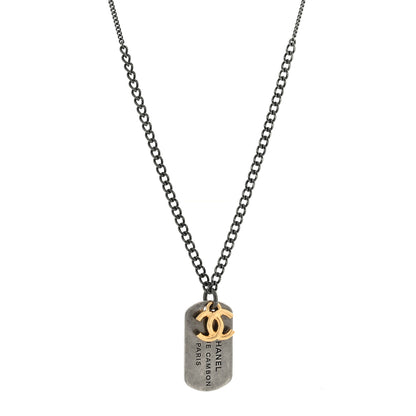 Chanel Ruthenium ID Dog Tag Charm Necklace Silver Gold 1 of 4
