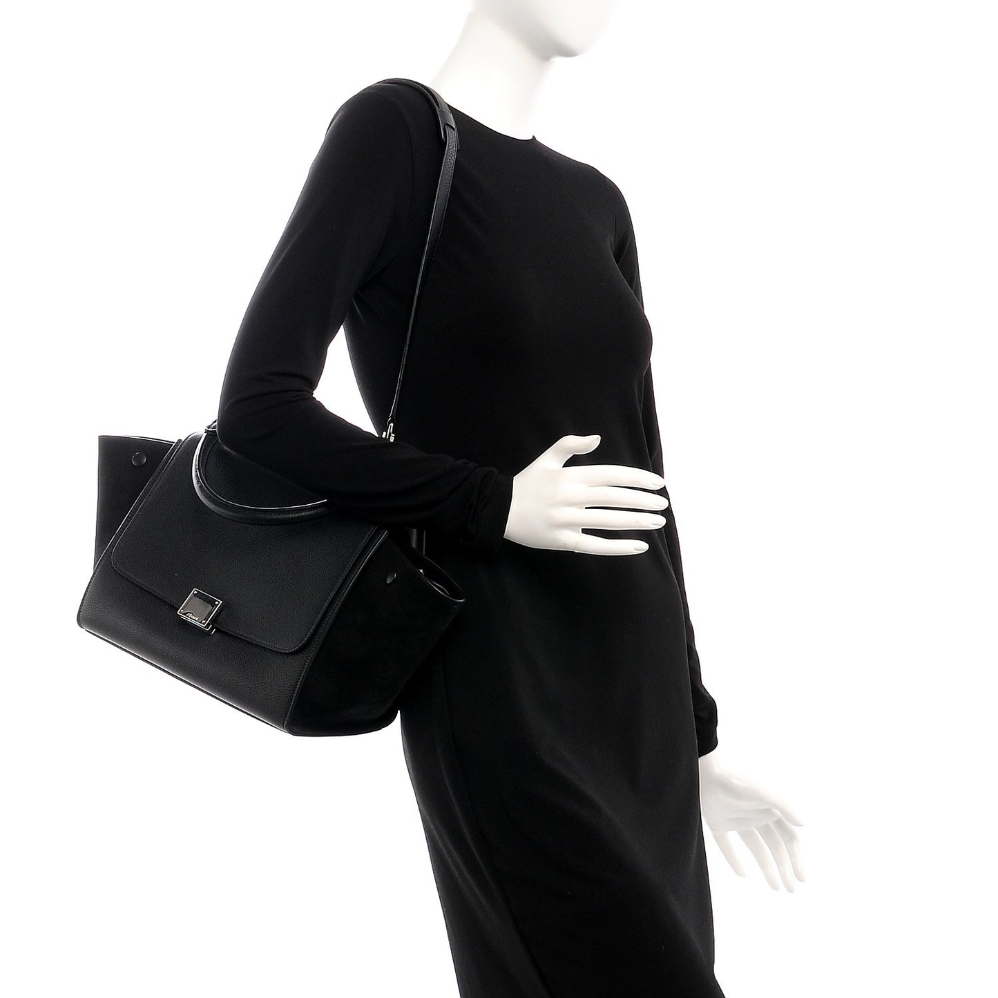 Drummed Calfskin Suede Small Trapeze Black