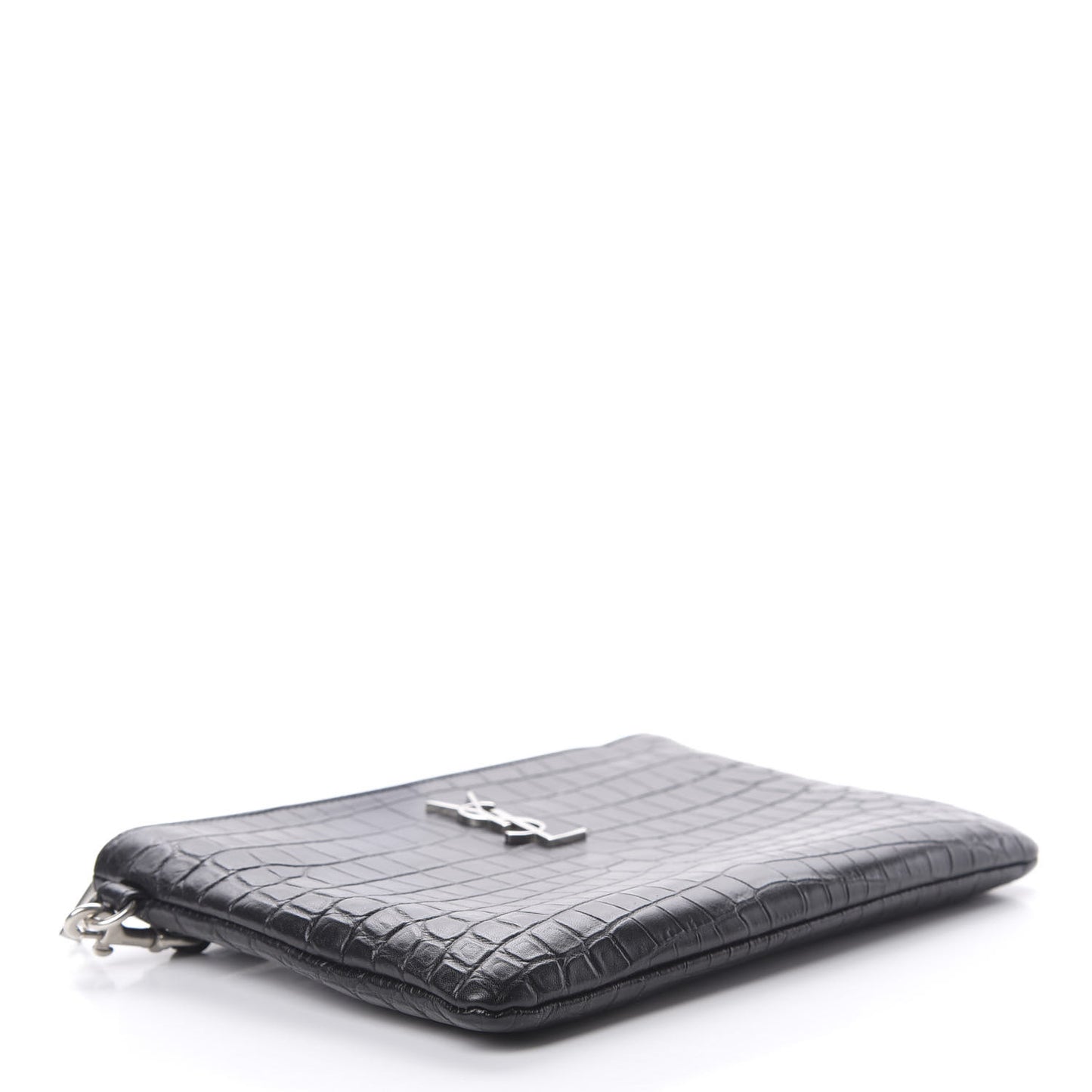 Calfskin Crocodile Embossed Monogram Zip Pouch Black