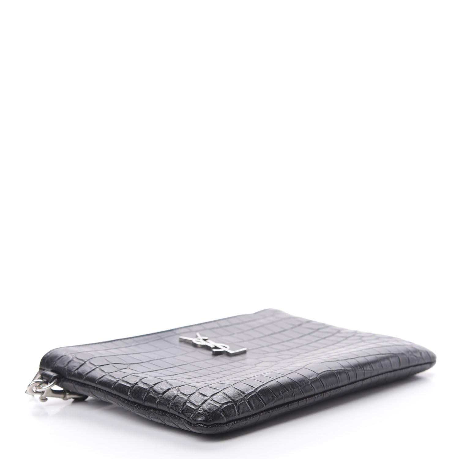 Saint Laurent Calfskin Crocodile Embossed Monogram Zip Pouch Black 4 of 10