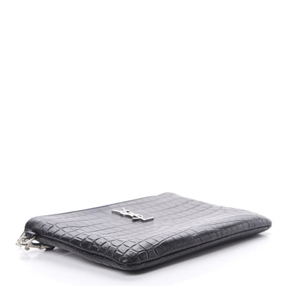 Saint Laurent Calfskin Crocodile Embossed Monogram Zip Pouch Black 4 of 10