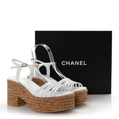 Chanel Patent Cork CC Ankle Strap Platform Sandals 38 White 10 of 10