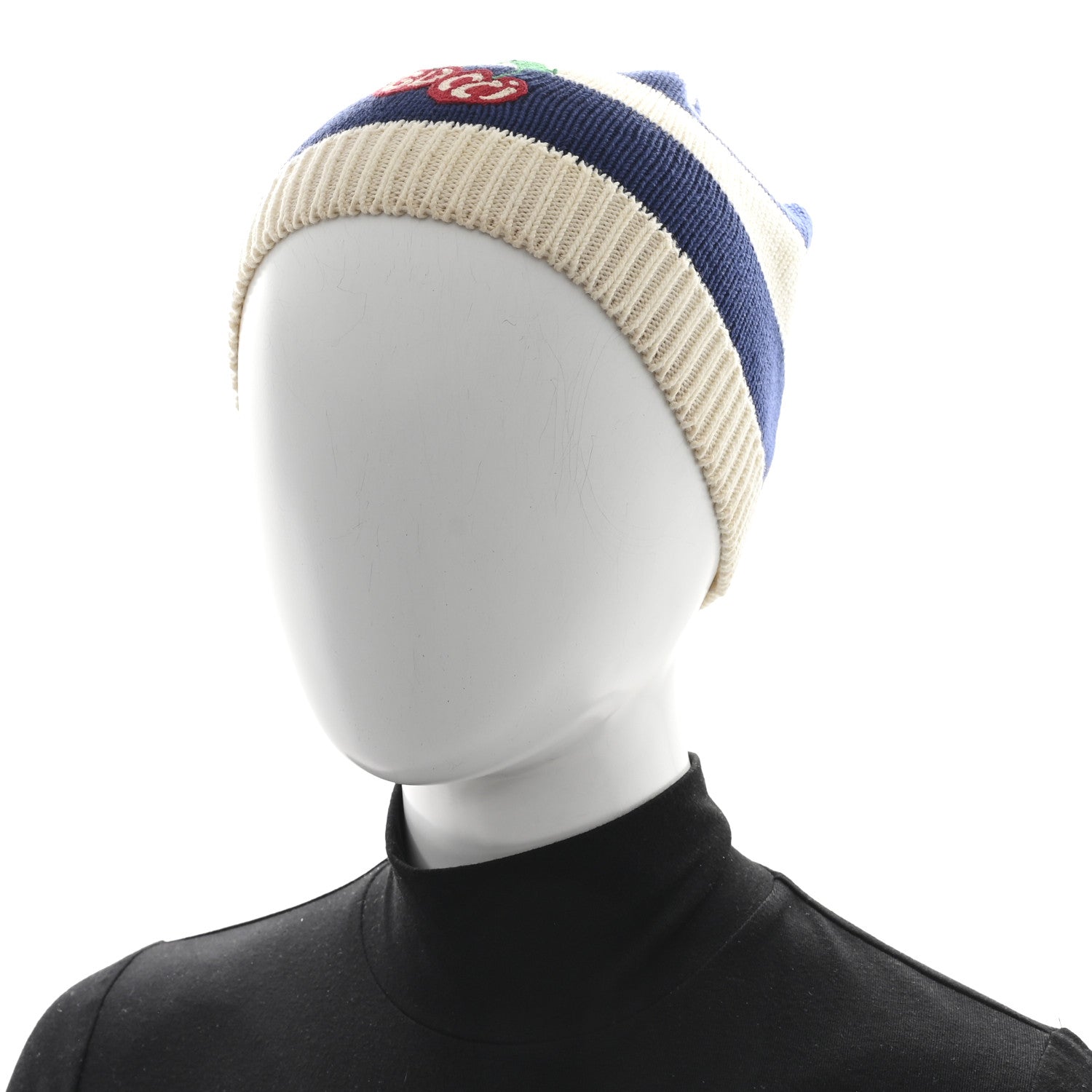Gucci Wool Knit Cherry Embroidered Beanie Hat 56 White Blue 2 of 5