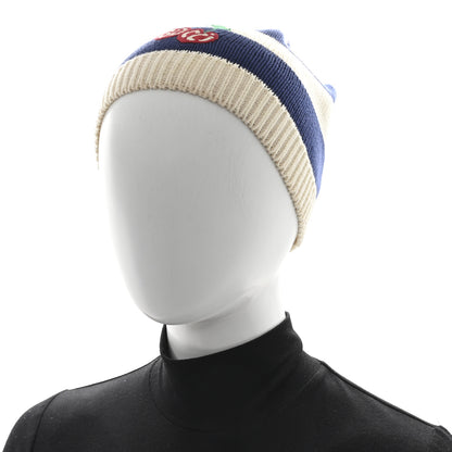 Gucci Wool Knit Cherry Embroidered Beanie Hat 56 White Blue 2 of 5