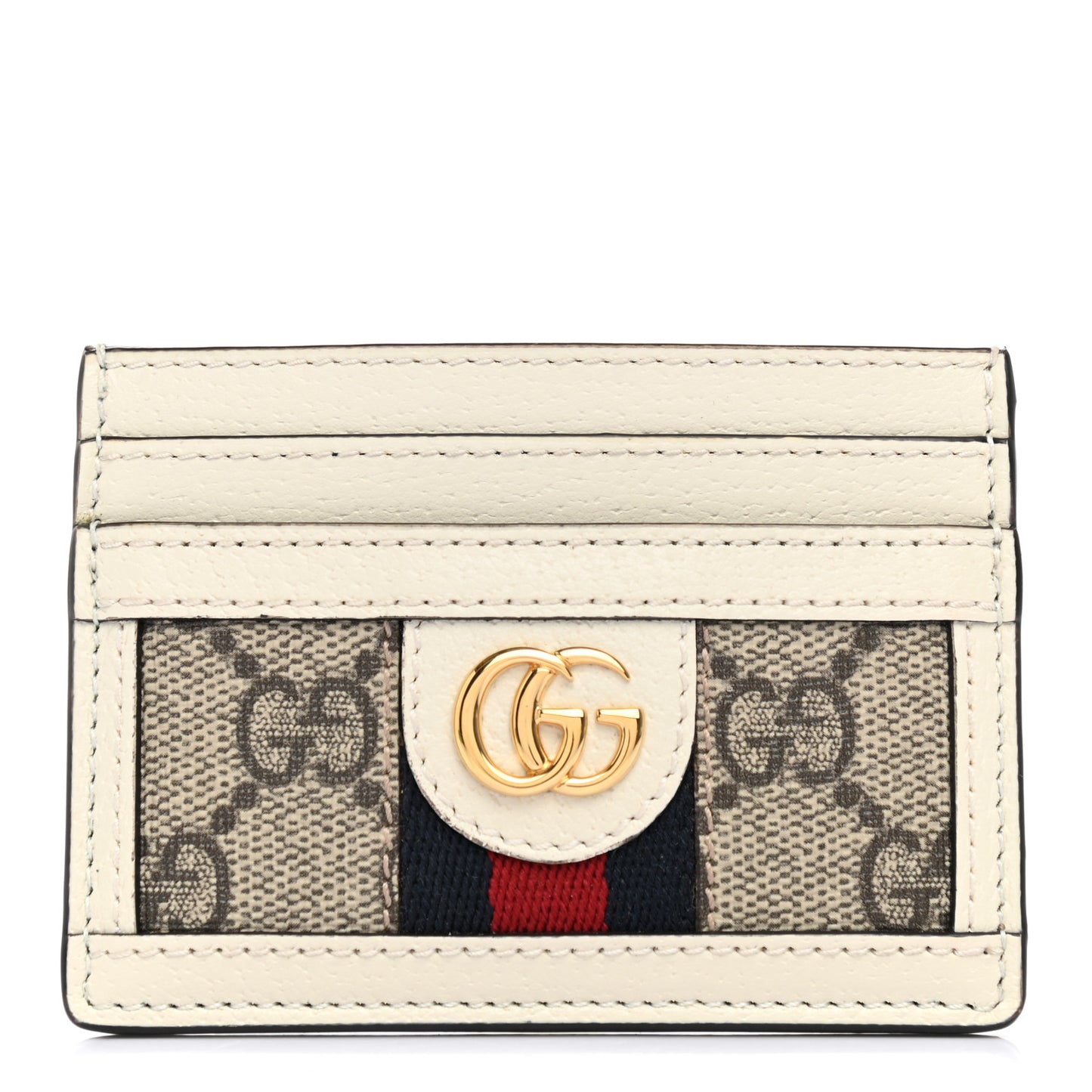 GG Supreme Monogram Textured Calfskin Web Ophidia Card Holder Beige Ebony Mystic White