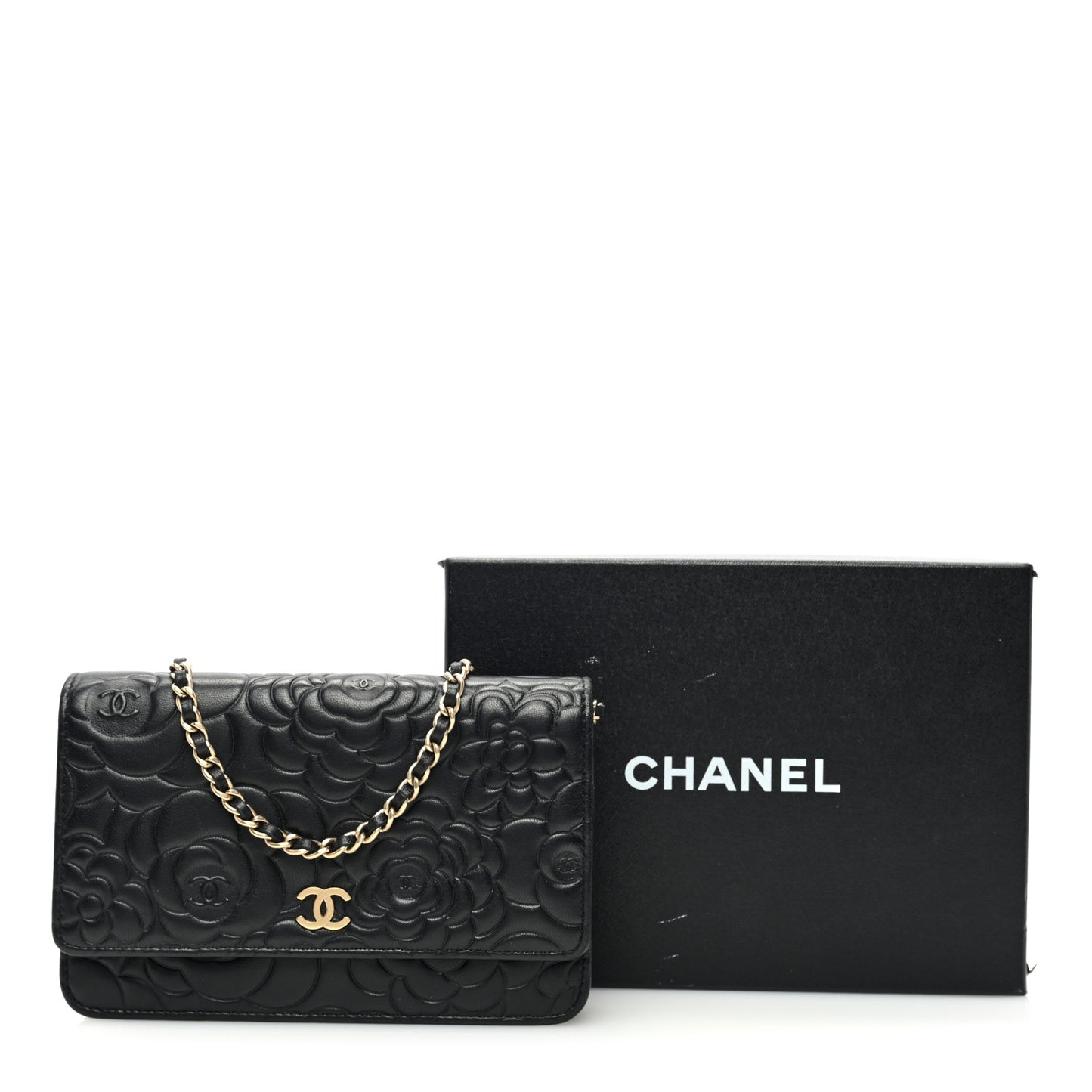 Lambskin Camellia Embossed Wallet On Chain WOC Black