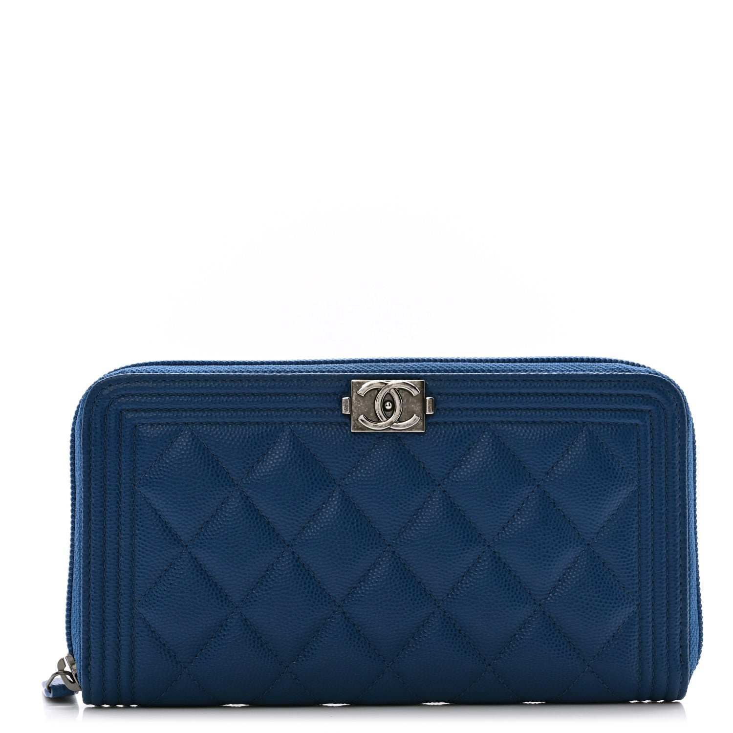 Chanel Caviar Quilted Large Boy Zip Around Wallet Blue 1 of 10