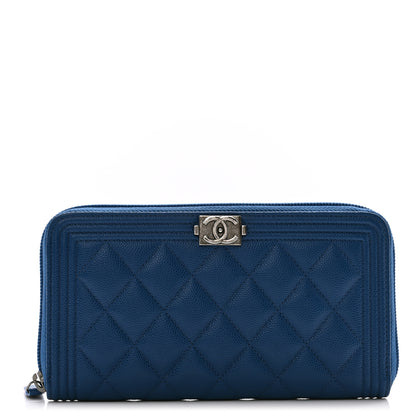 Chanel Caviar Quilted Large Boy Zip Around Wallet Blue 1 of 10