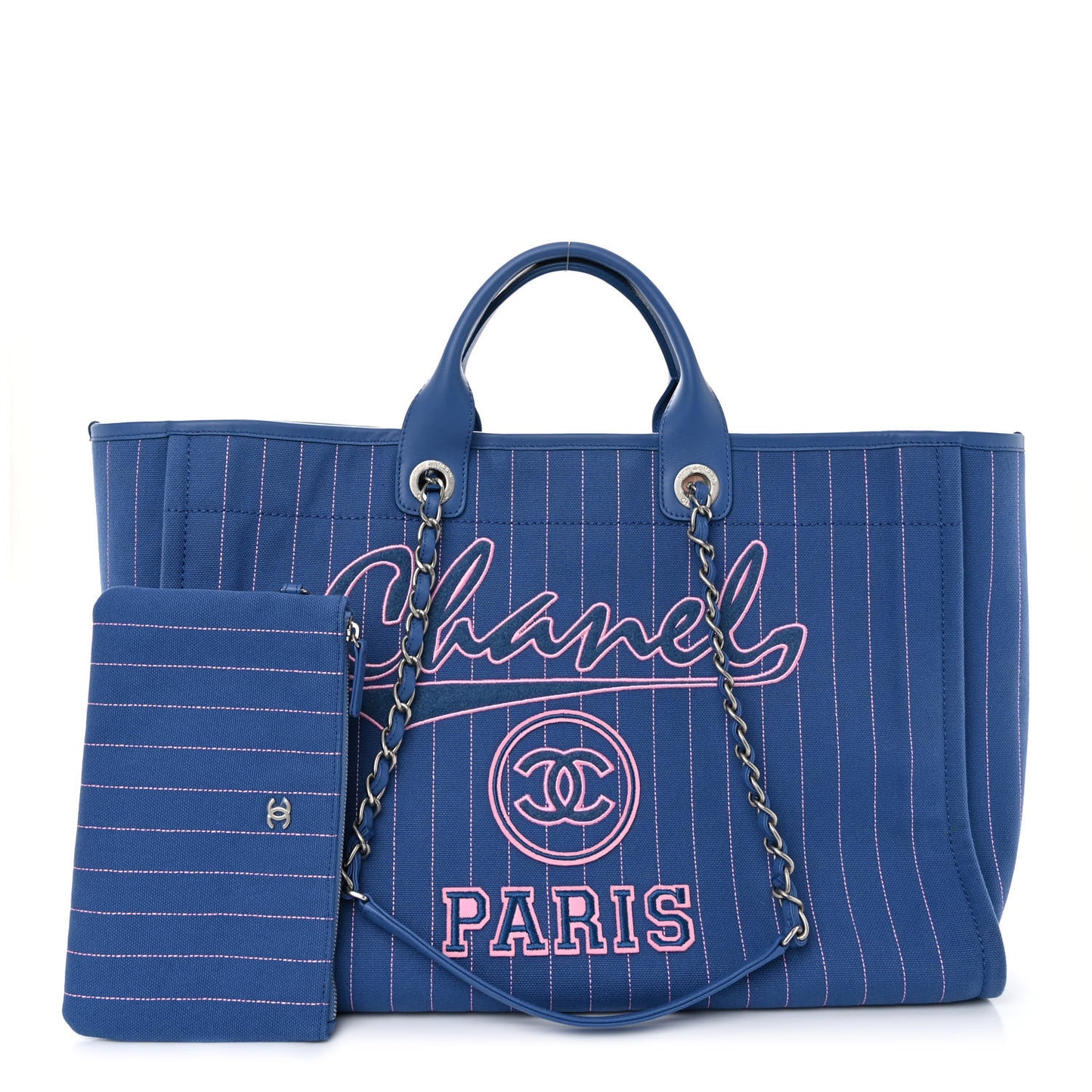 Canvas Calfskin Striped Large Deauville Tote Blue
