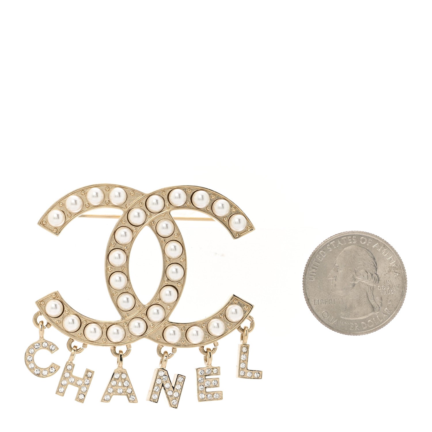 Chanel Crystal Pearl Signature Drop Brooch Gold 2 of 3