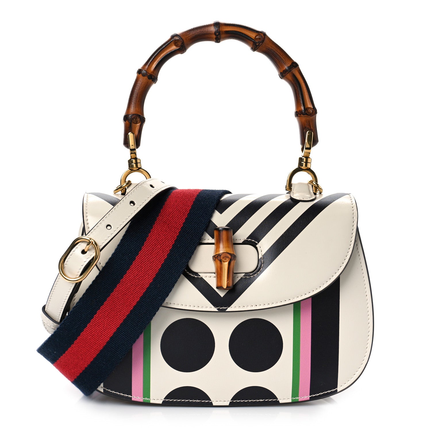 Gucci Calfskin Web Geometric Print Small Bamboo 1947 Top Handle Bag White Multi 3 of 12