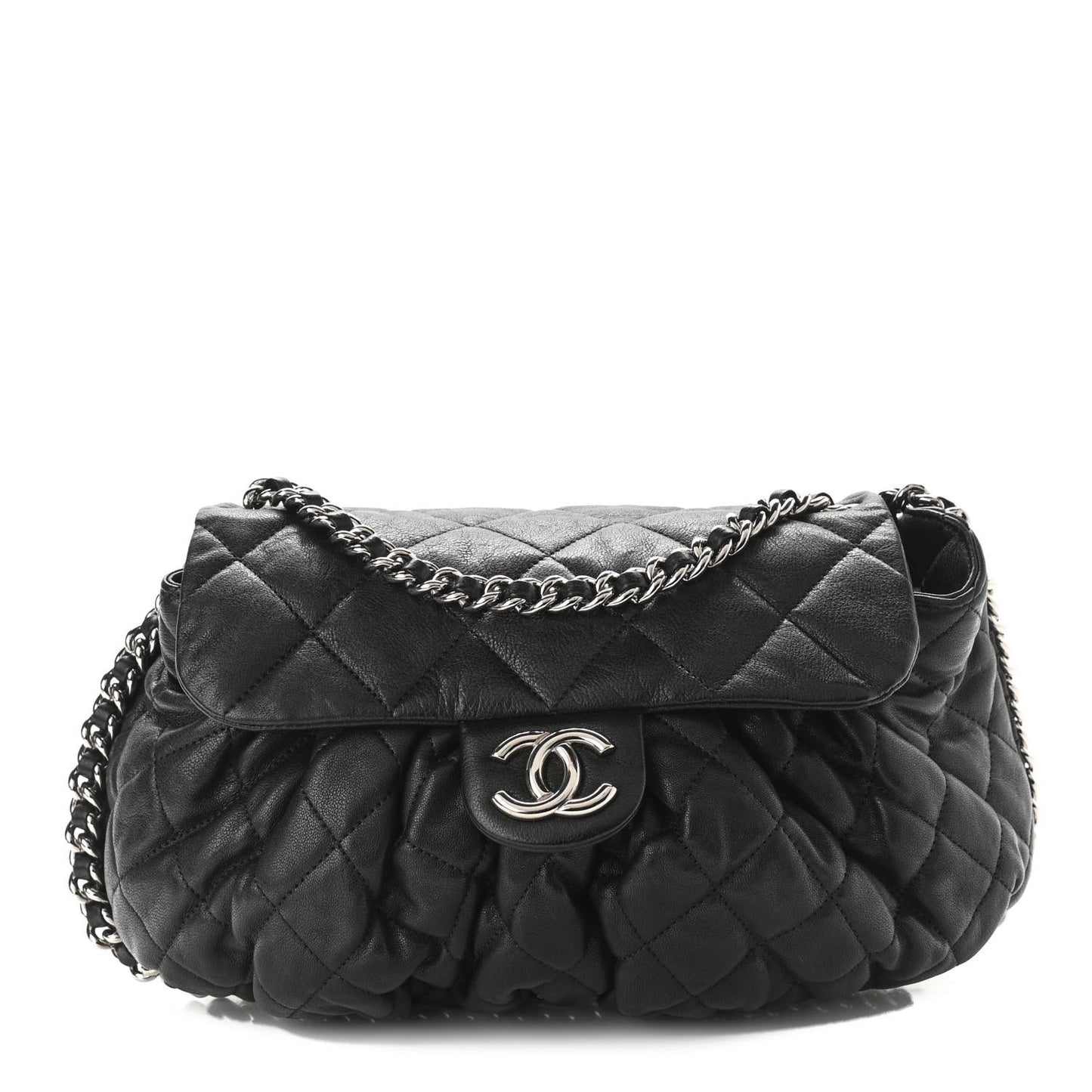 Washed Lambskin Quilted Medium Chain Around Messenger Black