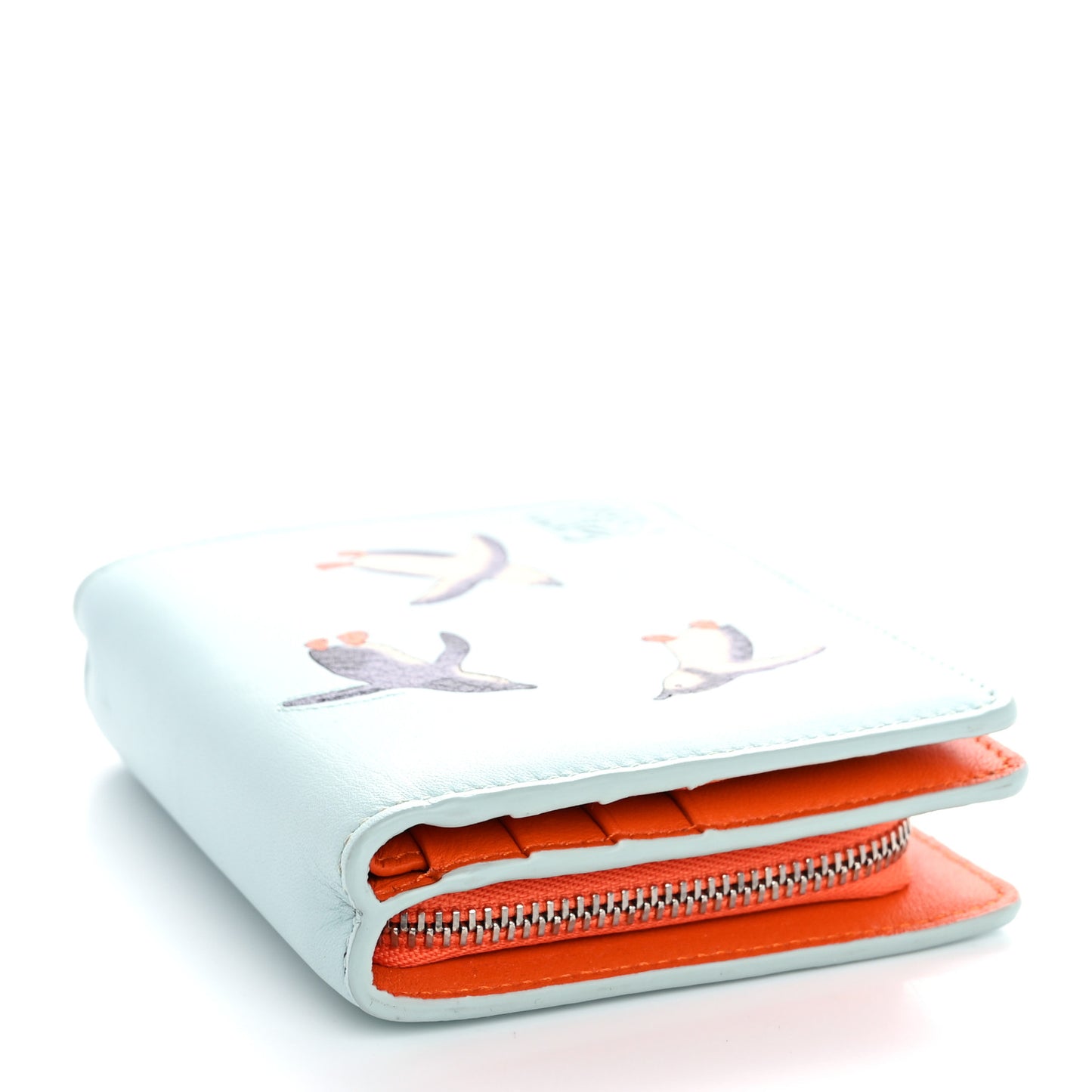 X SUNA FUJITA Satin Calfskin Penguins Compact Zip Wallet Blue Iceberg