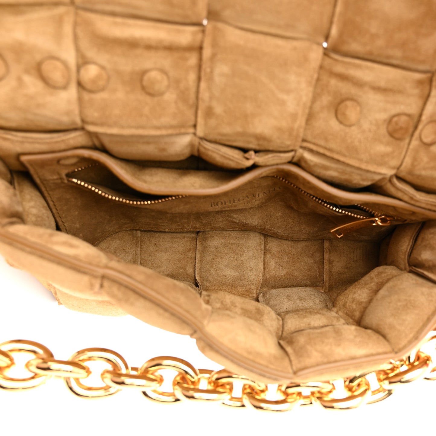 Suede Maxi Intrecciato Padded Chain Cassette Crossbody Bag Taupe