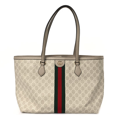 Gucci GG Supreme Monogram Textured Dollar Calfskin Web Medium Ophidia Shopping Tote Beige Mystic White Oatmeal 1 of 11