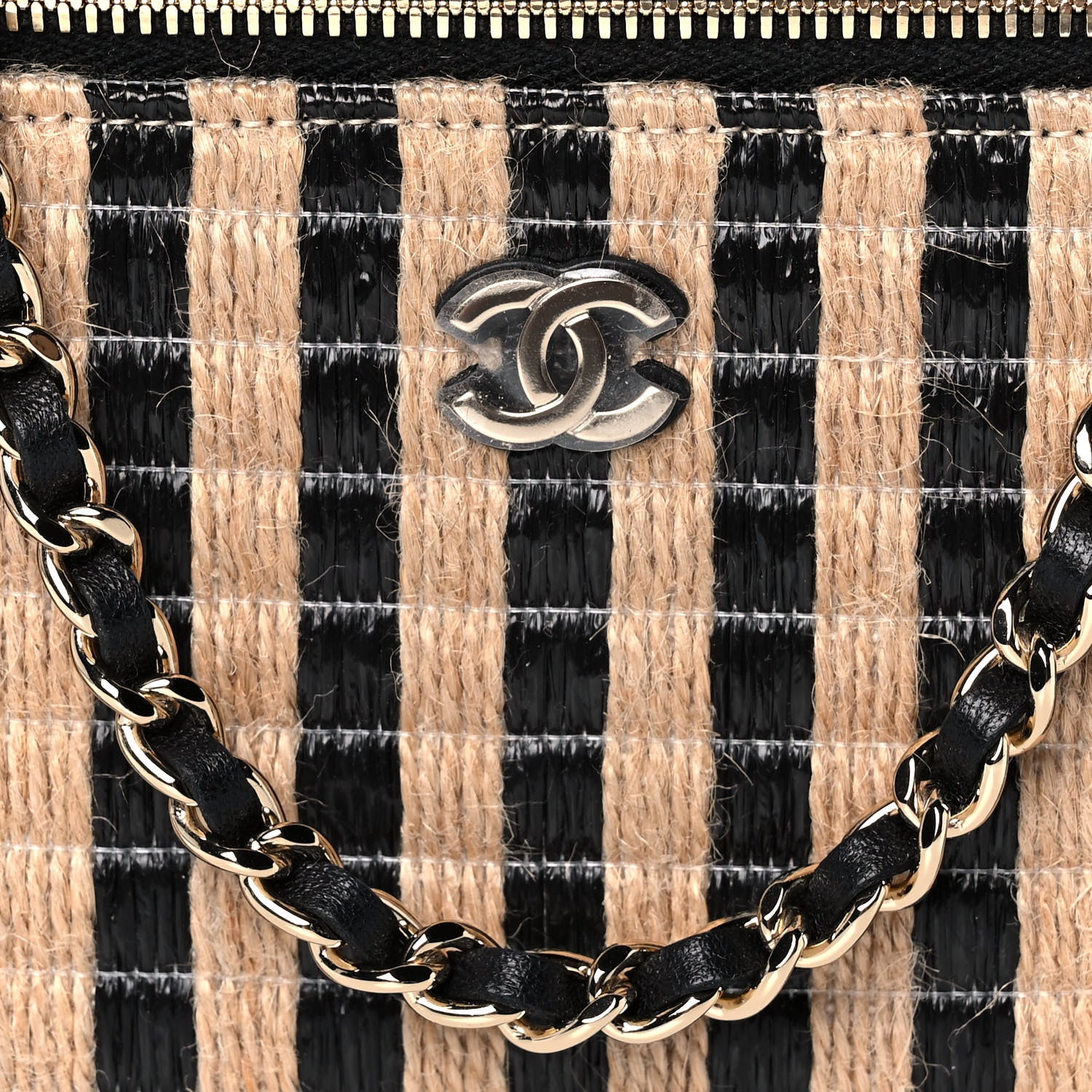 Chanel Raffia Jute Striped Small Vanity Case With Chain Black Beige 8 of 11