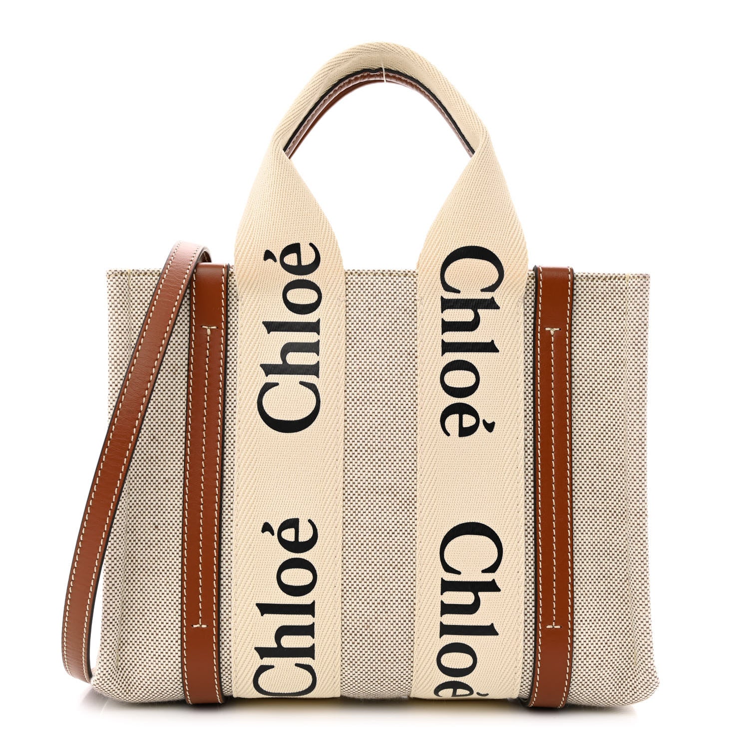 Chloe Cotton Calfskin Small Woody Ribbon Tote With Strap White Brown 1 of 10