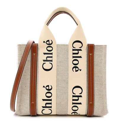 Chloe Cotton Calfskin Small Woody Ribbon Tote With Strap White Brown 1 of 10