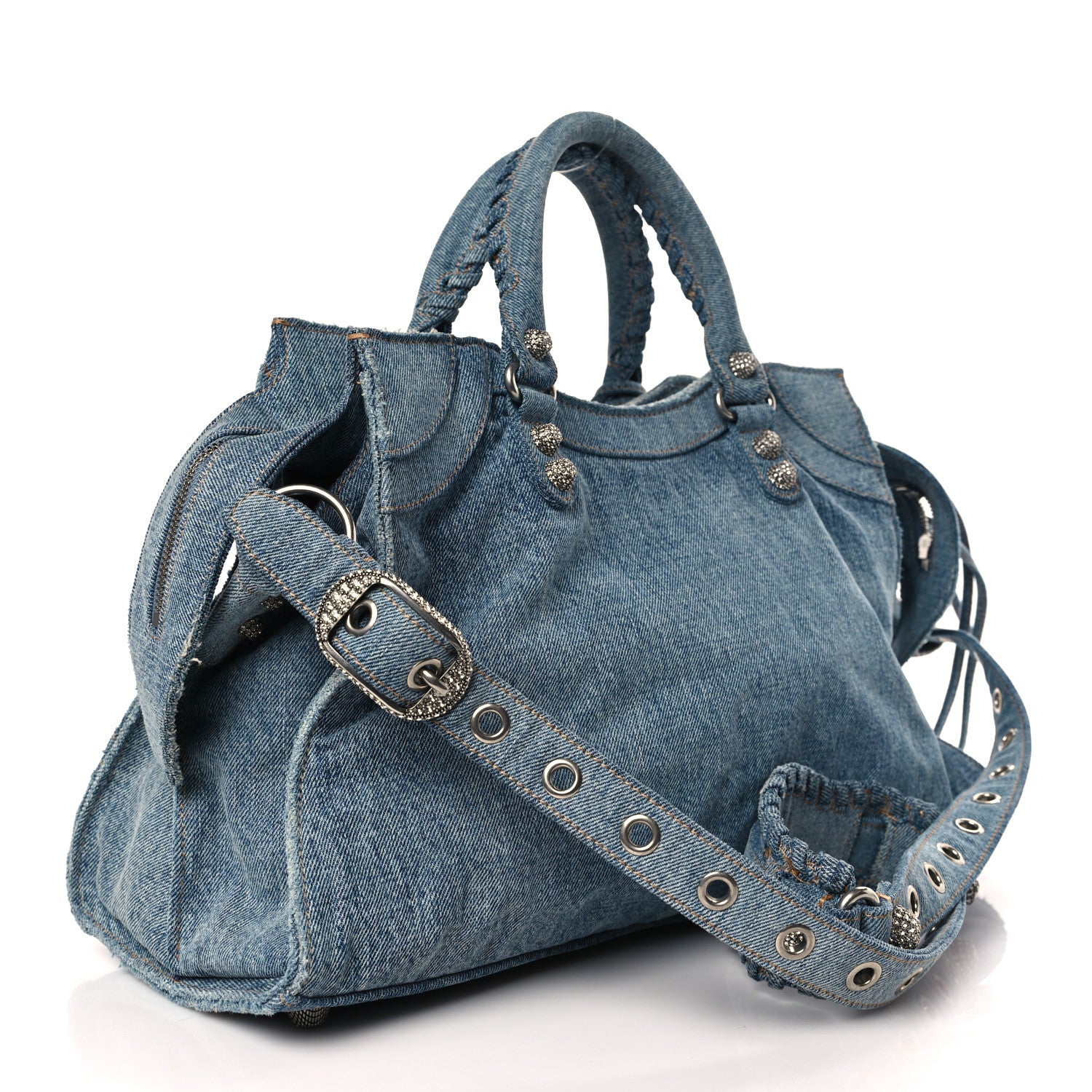 Balenciaga Washed Frayed Denim Crystal Neo Cagole City Handbag Blue 3 of 9