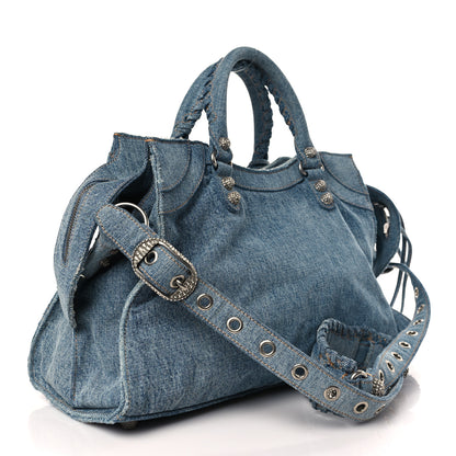 Balenciaga Washed Frayed Denim Crystal Neo Cagole City Handbag Blue 3 of 9