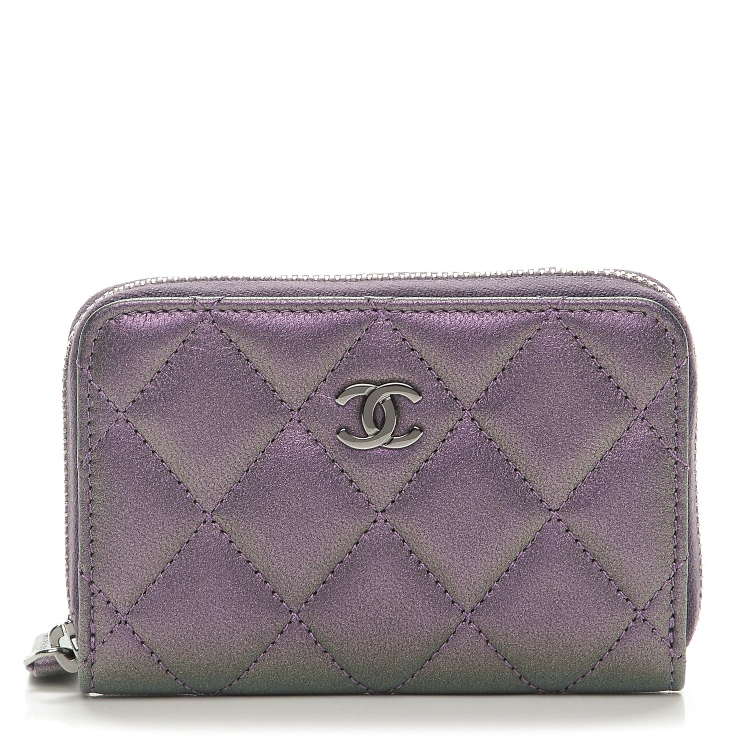 Chanel Metallic Lambskin Quilted Zip Around Coin Purse Wallet Dark Purple 1 of 8