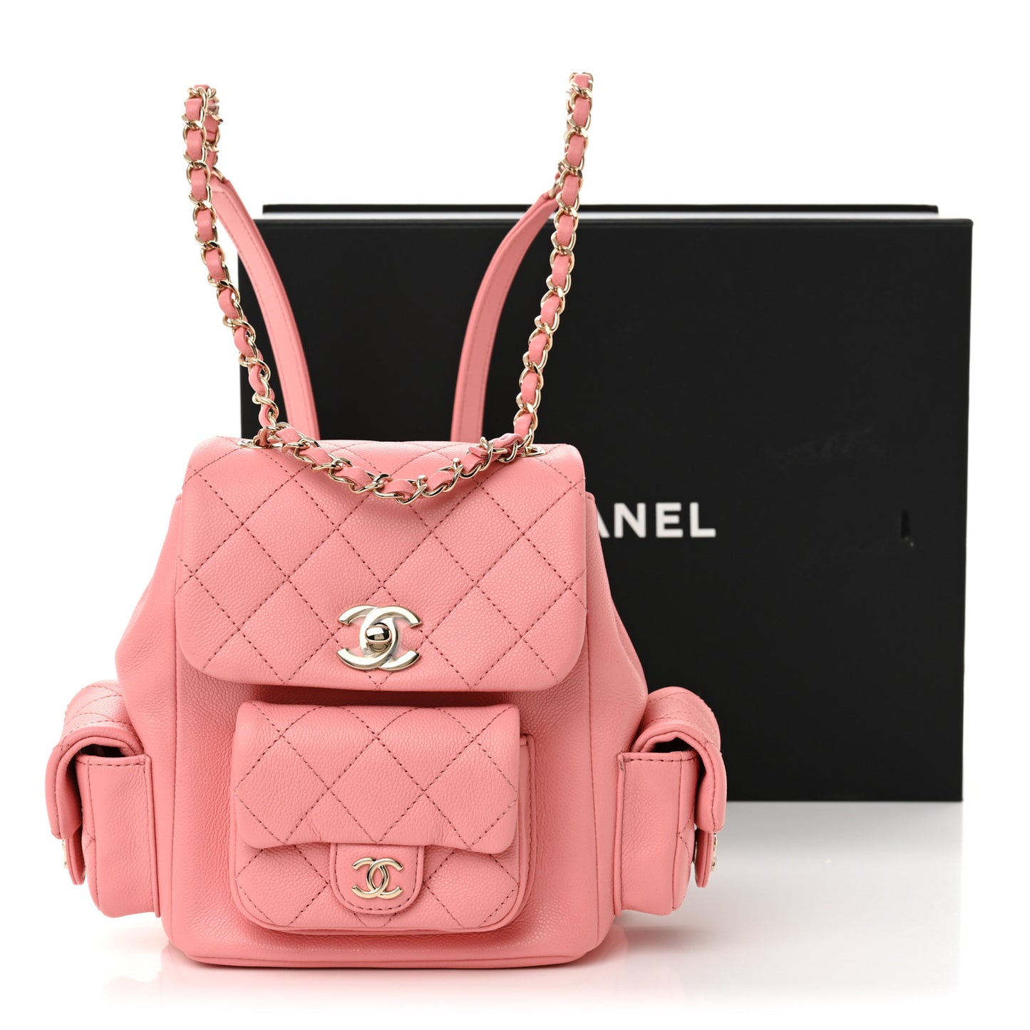 Shiny Caviar Quilted Small Pockets Drawstring Backpack Pink