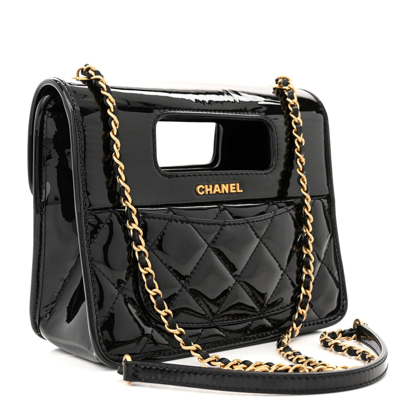 Patent Quilted Mini Graphic Catch Flap Black