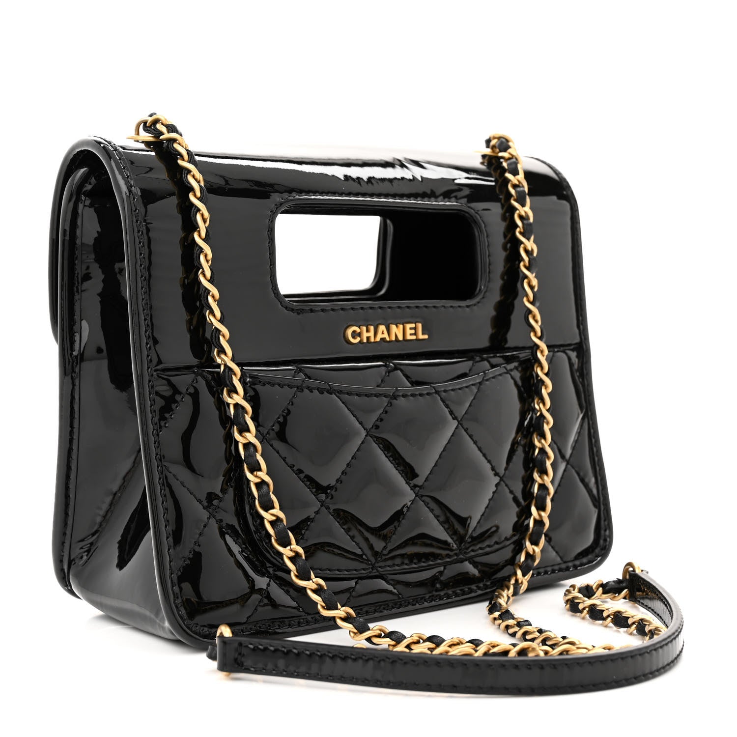 Chanel Patent Quilted Mini Graphic Catch Flap Black 3 of 12