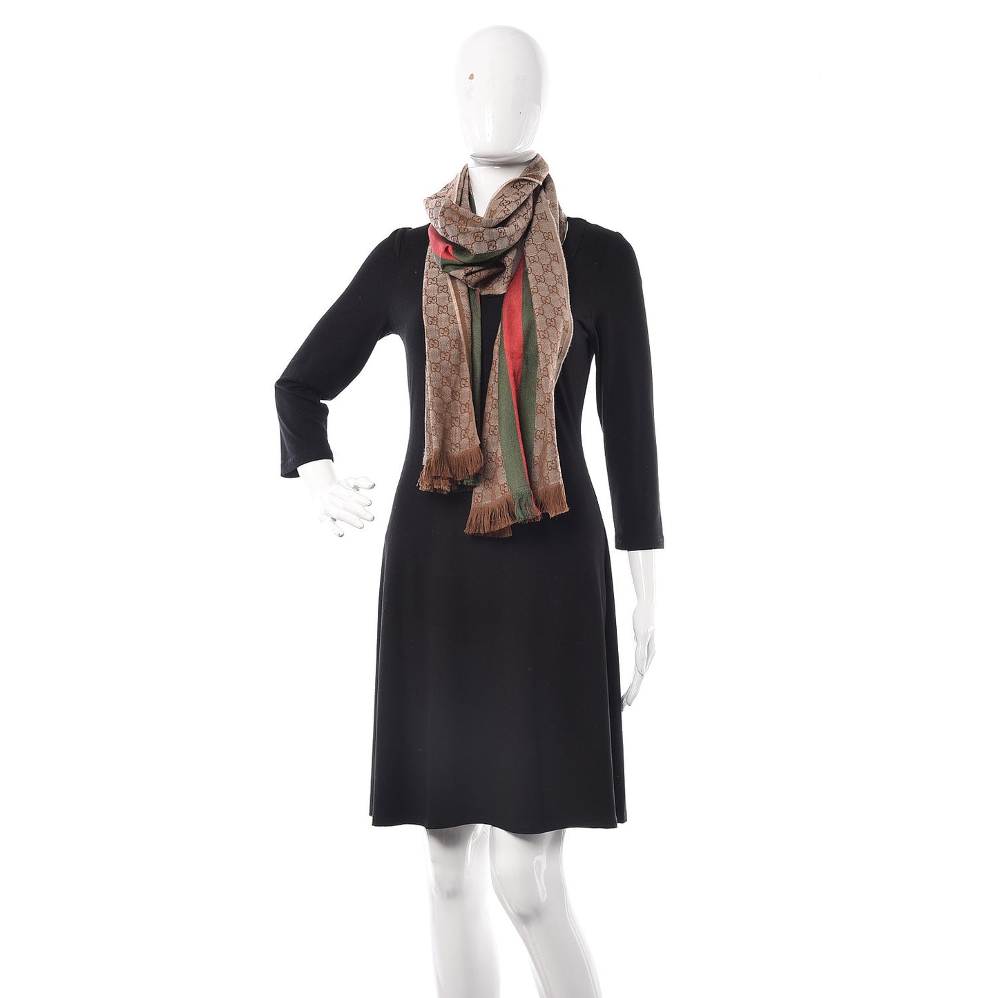 Wool Silk GG Monogram Web Verbier Fringe Scarf Light Brown Dark Green