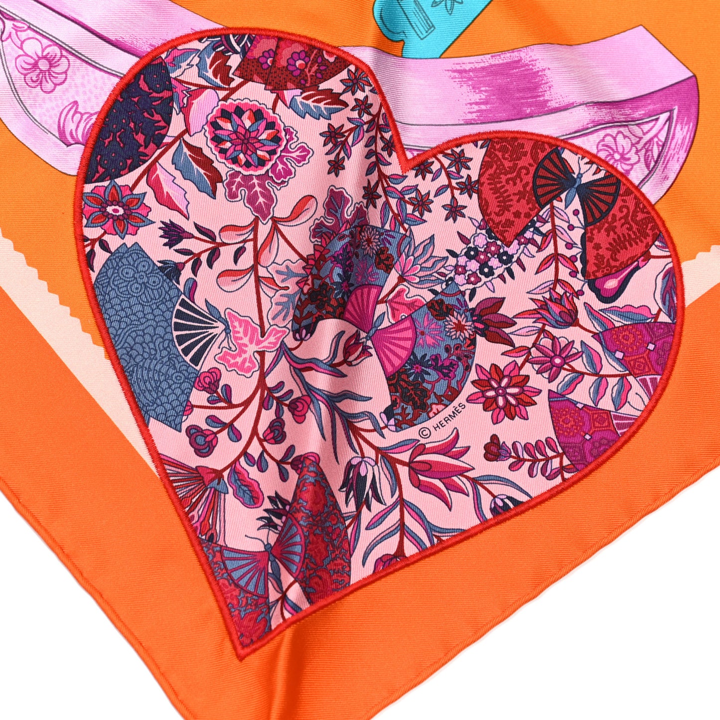 Silk Etriers Remix Application Coeur Triangle Scarf Orange Turquoise