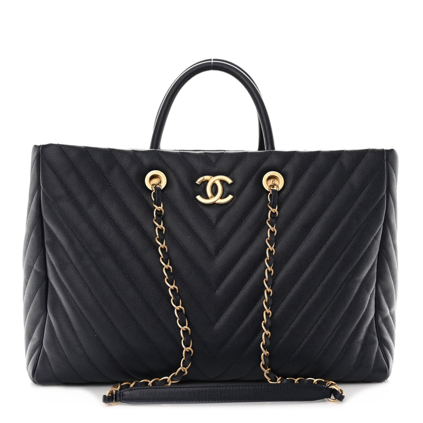 Caviar Chevron Quilted Coco Handle Shopping Tote Blue