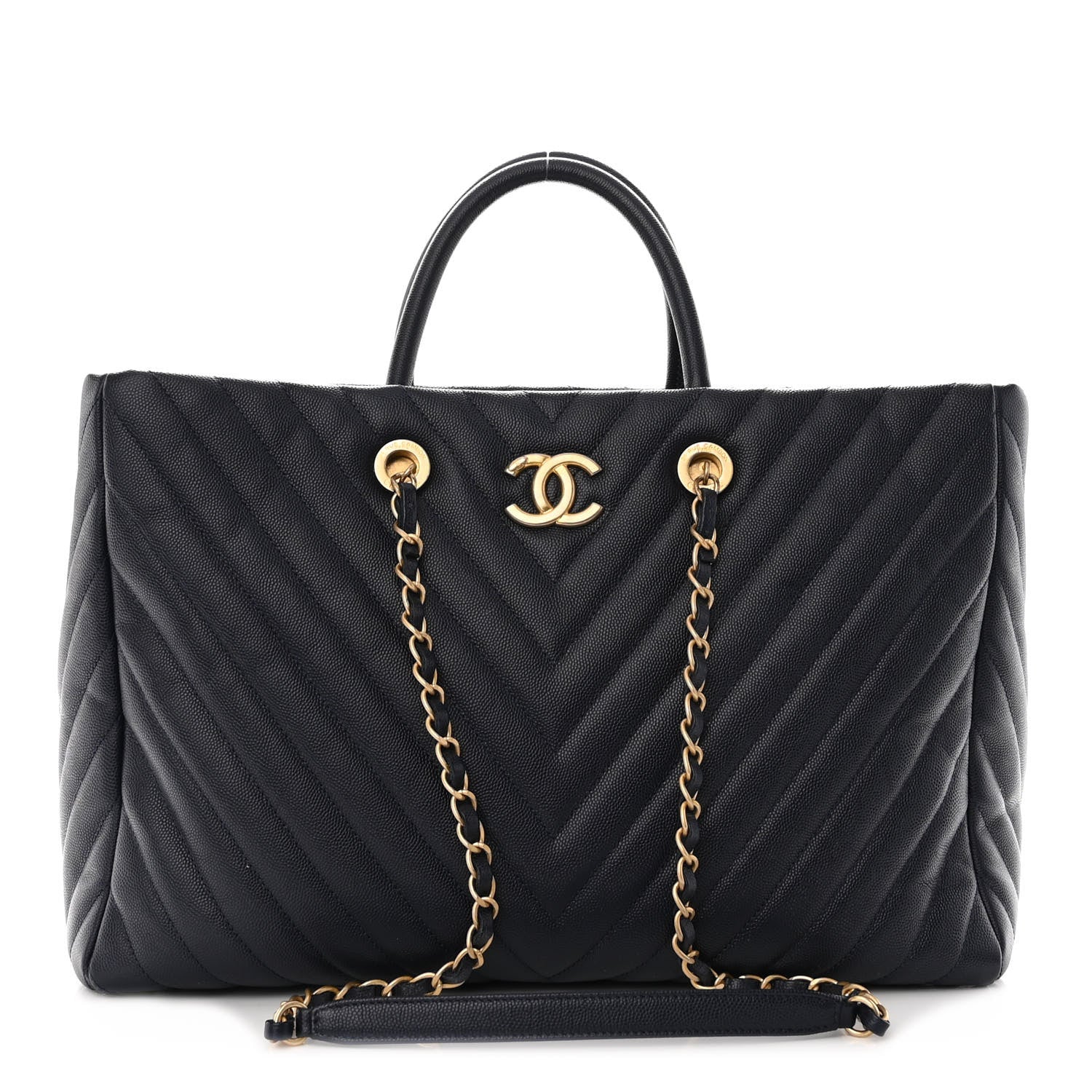 Chanel Caviar Chevron Quilted Coco Handle Shopping Tote Blue 3 of 11