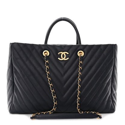 Chanel Caviar Chevron Quilted Coco Handle Shopping Tote Blue 3 of 11