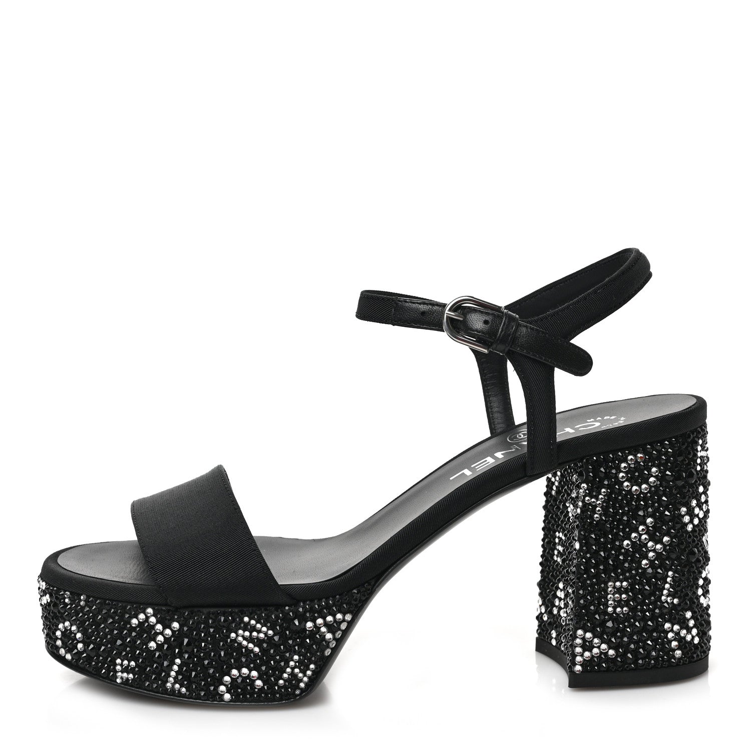 Chanel Grosgrain Strass Logo Platform Sandals 37.5 Black Silver 1 of 9