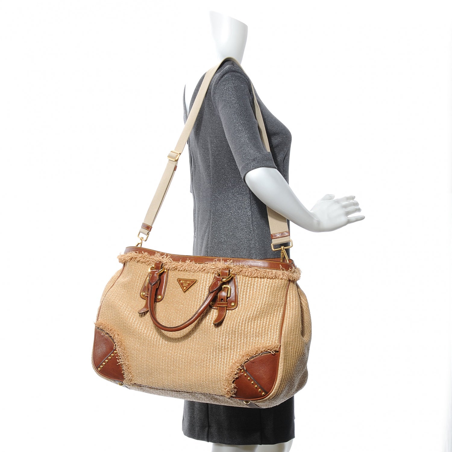Prada Raffia Straw Calfskin Tote 2 of 9