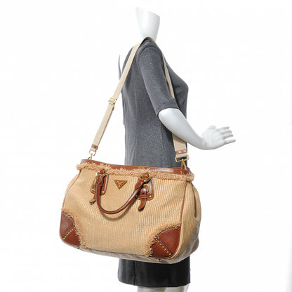 Prada Raffia Straw Calfskin Tote 2 of 9