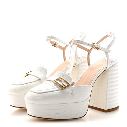 Fendi Calfskin Crocodile Embossed Promenade Slingback Platform Loafer Pumps 37 Bianco 4 of 9