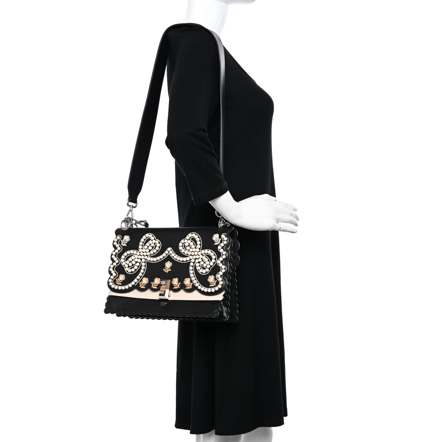 Vitello Liberty Pearl Bi-Color Flowers and Bows Scalloped Studded Kan I Shoulder Bag Black Camelia