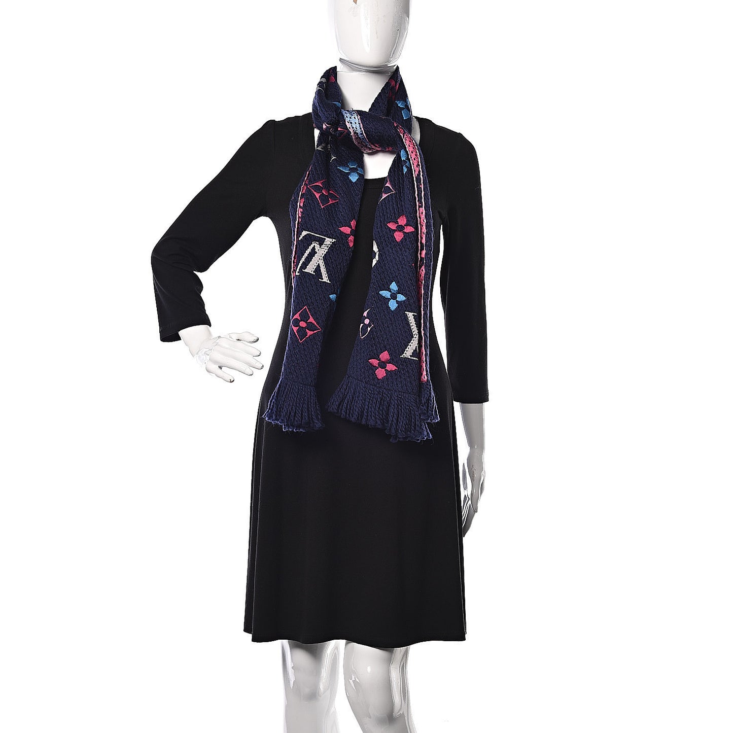 Wool Silk Rainbow Logomania Scarf Navy