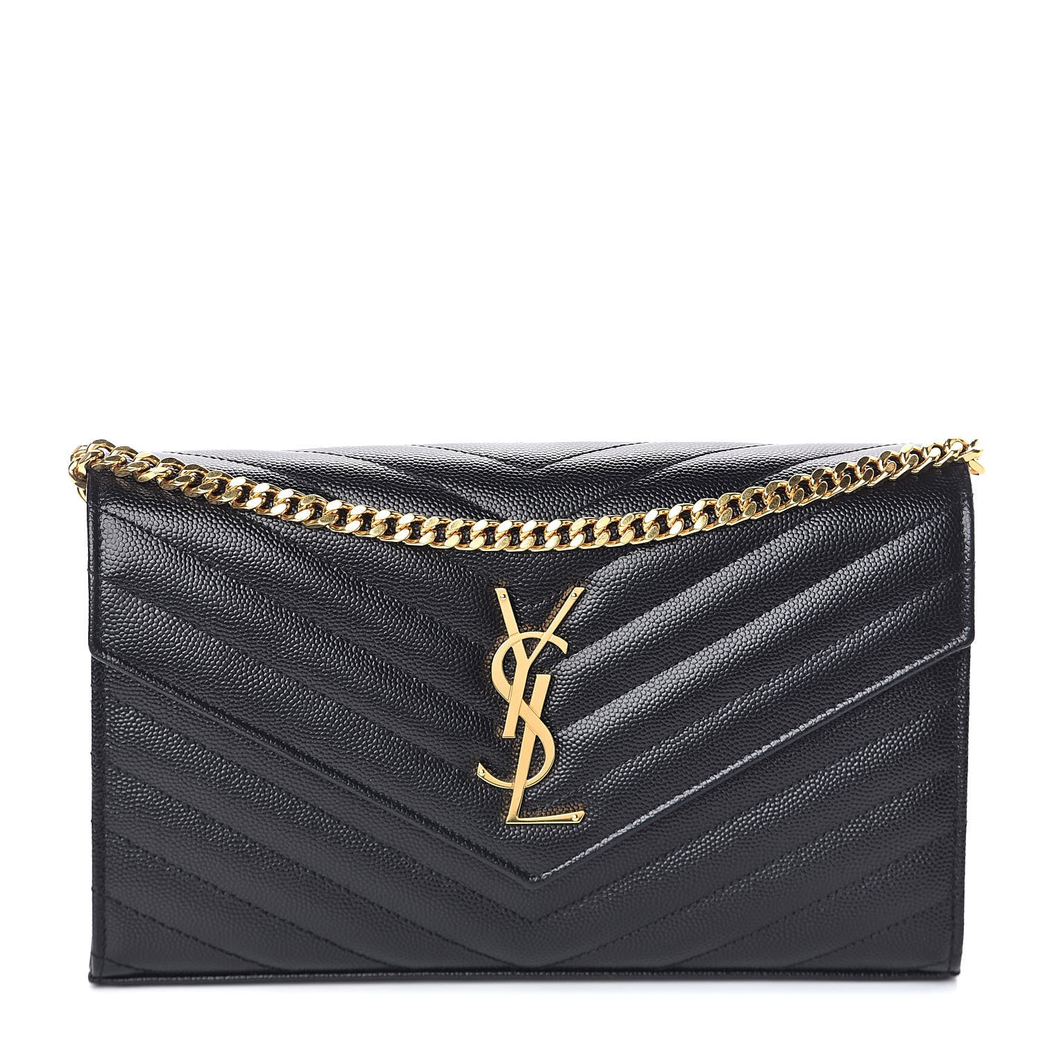 Saint Laurent Grain De Poudre Matelasse Chevron Monogram Chain Wallet Black 1 of 8
