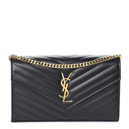 Saint Laurent Grain De Poudre Matelasse Chevron Monogram Chain Wallet Black 1 of 8